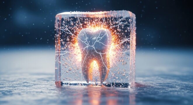 Fractured tooth frozen in ice, glowing with orange light inside