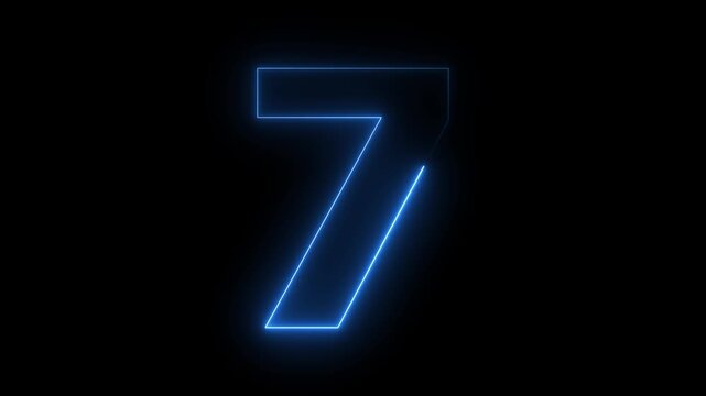 Number 7 seven - animated light outline on black background 4k video.