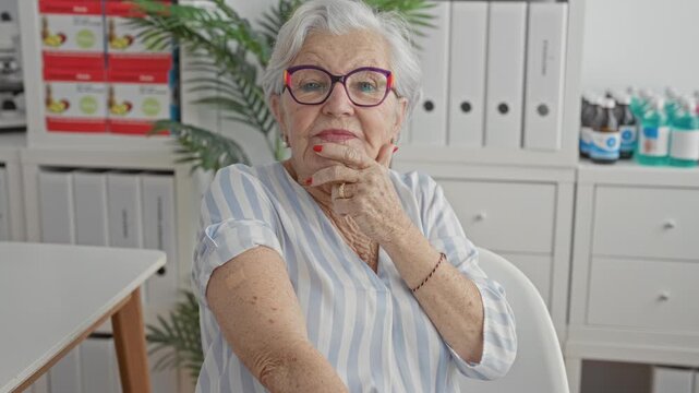 Woman with bandage on upper arm touching chin and squinting, seated in a clinic office inside a building with shelves and bottles; thoughtful resilience.