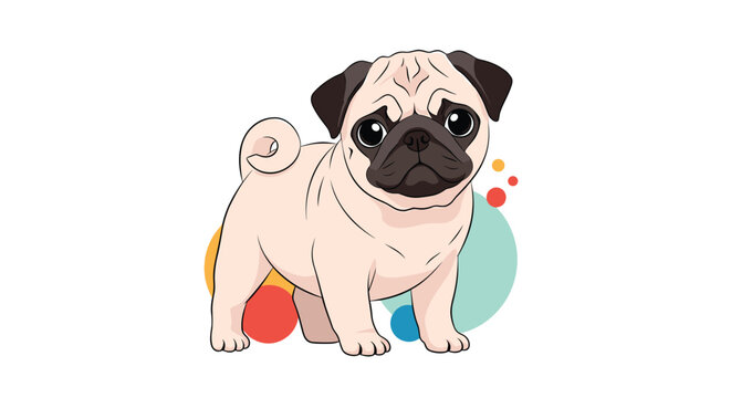 Adorable tan pug puppy with large eyes and a wrinkled face standing in front of colorful abstract background circles.
