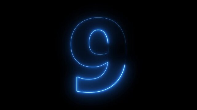 Number 9 nine - animated light outline on black background 4k video.