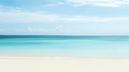 Fototapeta premium Pristine tropical beach with white sand and calm turquoise sea under a clear blue sky