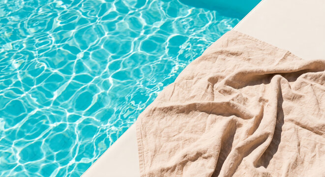 Abstract Close Up of Turquoise Swimming Pool Water Ripples and Beige Linen Towel