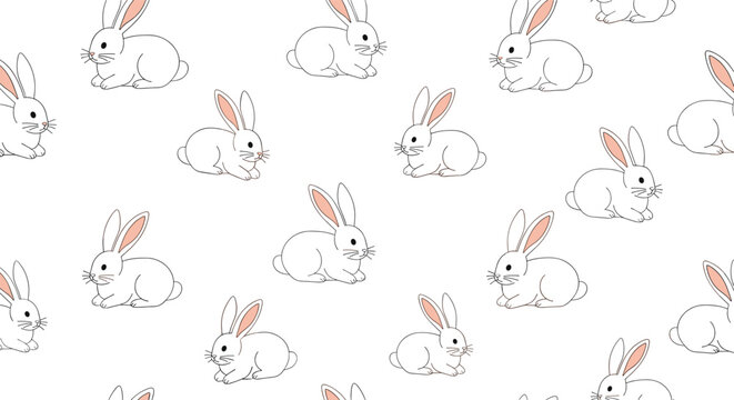 Cute seamless pattern of small white rabbits sitting in various poses across a clean white background surface.