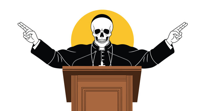 Skeleton dressed as a priest stands behind a wooden pulpit gesturing with his hands during a dark religious ceremony.
