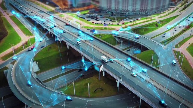 Connected vehicles navigate a complex highway interchange. Blue digital lines link cars, suggesting smart traffic systems. Urban infrastructure blends technology with everyday motion