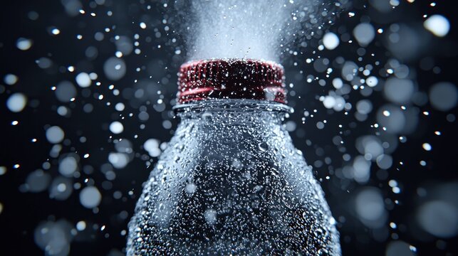 Condensation covered bottle, bubbles erupting, on dark background