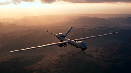 Naklejka premium Desert Reconnaissance A Powerful Drone Surveys Vast Canyons at Golden Hour
