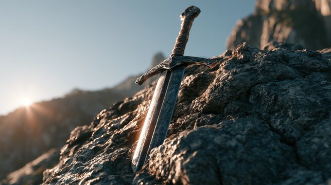 A weathered longsword plunged into a craggy rock, sunlight glinting.