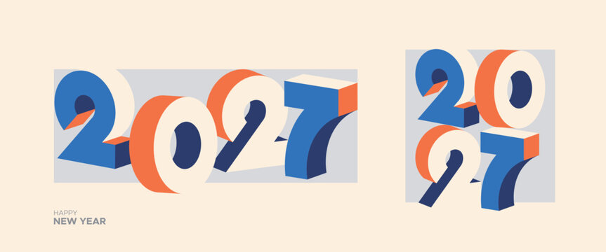 Modern Minimal 3D Happy New Year 2027 Typography Banner with Geometric Numbers