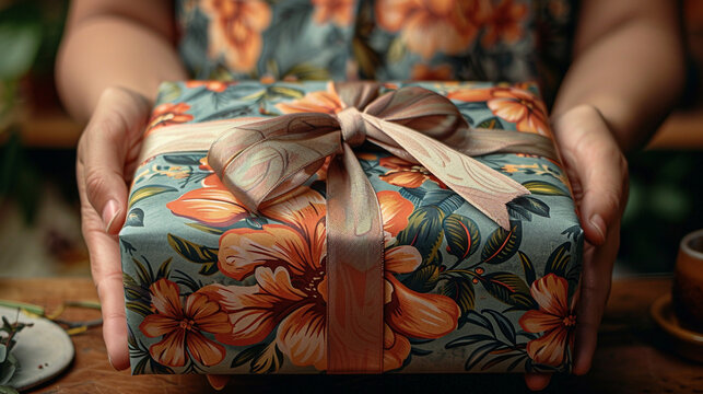 Hands holding a beautifully wrapped gift box with a floral pattern and ribbon.