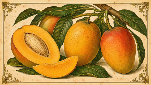 Vintage Chromolithograph Mango Branch Illustration for Tropical Fruit Print