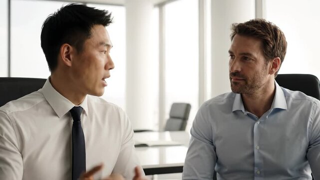 Two businessmen having a serious discussion in a modern office meeting room