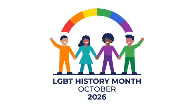 A colorful illustration celebrating LGBT History Month featuring four diverse people holding hands under a rainbow arch.