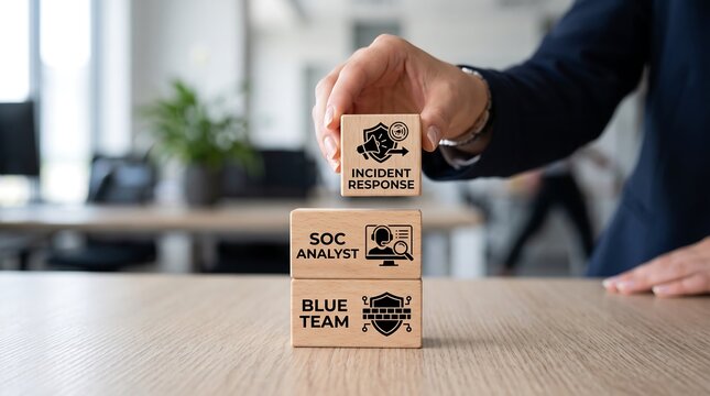 Hand placing wooden block with incident response on top of soc analyst and blue team blocks