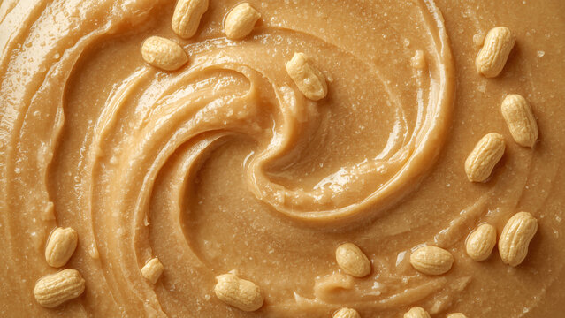 Close up of tasty creamy peanut butter with peanut nuts. Food background with free place for text.