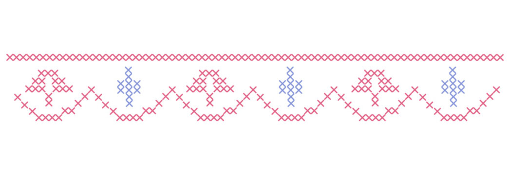 Folk cross stitch ribbon tapestry borders and geometric sampler frames. Whimsical pixelated embroidery needlework design for cottagecore wedding invitations, vintage nursery wall art, handmade decor