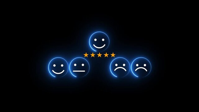 customer services best excellent business rating experience. Satisfaction survey concept. Hand of a businessman chooses a smile face on wood block circle. 5 Star Satisfaction.4k motion graphics
