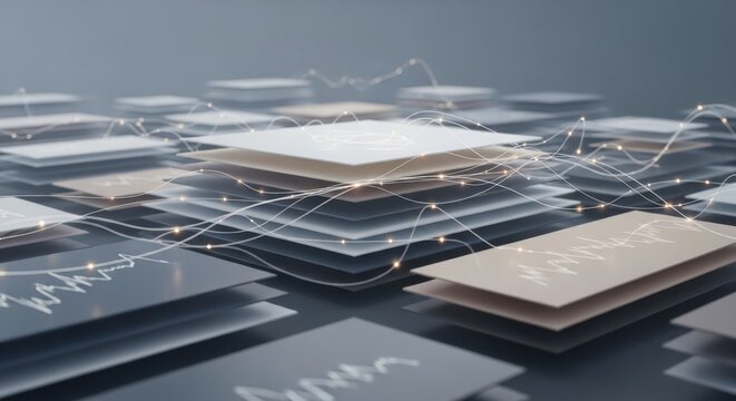 A futuristic scene with stacked square plates emitting light and connected by lines on a dark surface with a grey background