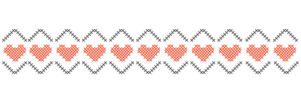 Cross stitch repeating heart trims and folk horizontal samplers. Whimsical embroidery needlework design for cottagecore wedding invitations, valentines day graphics, decorative nursery art