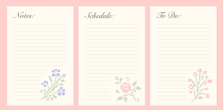 Cross stitch embroidery wildflower notes, schedule and to do list stationery templates. A geometric pixelated needlework vintage lined notebook planner layout set for cottagecore journal pages. Vector