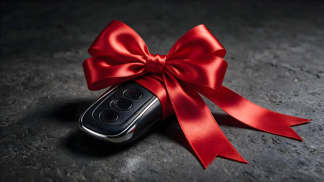 A sleek, modern car key with a vibrant red satin gift bow, resting on a dark, rough concrete background, illuminated by dramatic studio lighting.