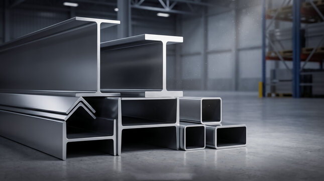 Close-up of premium structural steel products including H-Beam, I-Beam, Wide Flange, Angle Bar