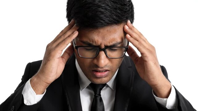 Stressed Indian Businessman with Headache, Hands on Temples, White Background Studio Shot