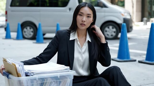 Stressed Businesswoman Sitting on Street with Box of Office Documents After Job Loss