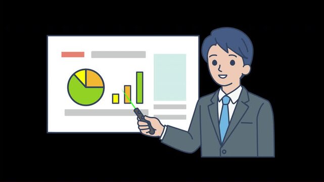 Anime businessman presentation loop, holding laser pointer, talking and blinking, transparent background