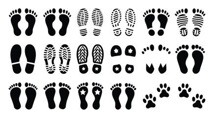 Human footprints and shoe print icon set, bare foot, child footprint, and walking trail symbols for travel, direction, and path design © Ayat0002