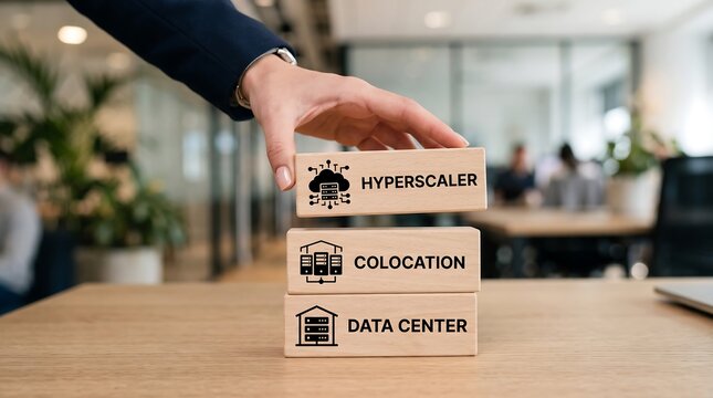 A person placing wooden blocks with data center related terms on a desk