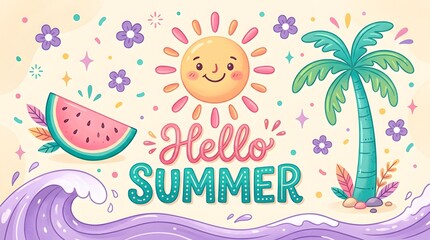 Naklejka premium Cute summer illustration with watermelon palm tree and smiling sun