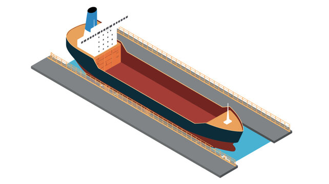 Large industrial cargo ship resting inside a dry dock for maintenance and repair services depicted in a clean flat isometric vector style with bold lines and vibrant colors on a white background