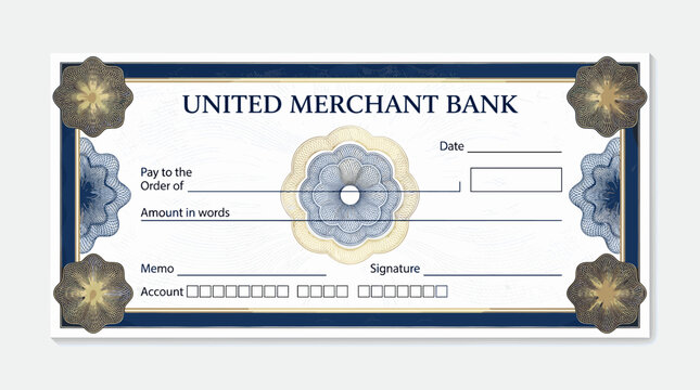 Formal bank check template for United Merchant Bank.