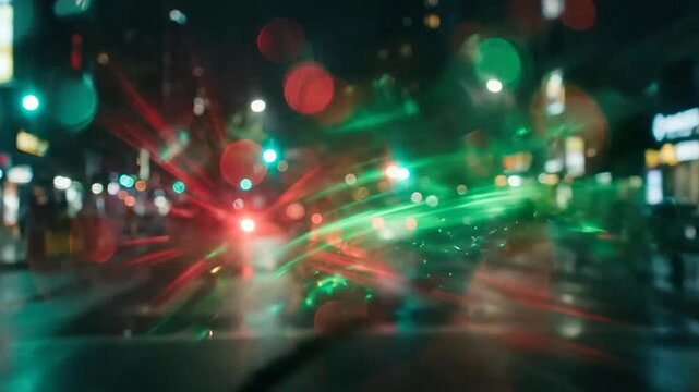Blurred city traffic lights at night seen through wet glass