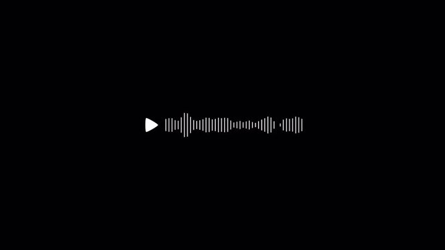 White audio waveform video with transparent background, abstract white sound waves animation on black background, minimalist audio spectrum with play button with an alpha channel. 