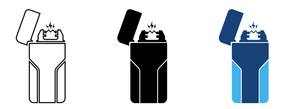 Electric flip lighter icon, outline black and blue color set