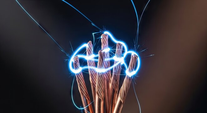 Bundle of copper wires with blue electric sparks.
