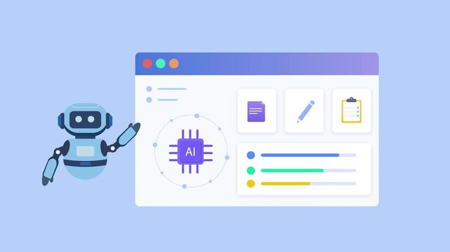 Modern flat vector animation of an AI document management dashboard with virtual assistant, file organization, document processing, task management, and productivity tools. Ideal for artificial intell