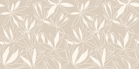 Fototapeta premium Seamless botanical leaf pattern with elegant abstract shapes in neutral tones. Minimal nature inspired design for textiles, wallpaper, packaging, stationery, and modern surface design projects