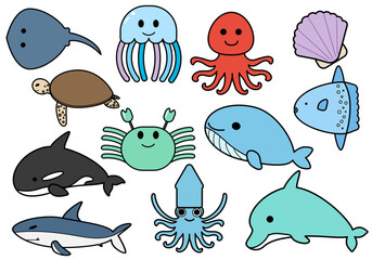 海の生き物セット カラーアイコン かわいい海洋生物のベクターイラスト集 © Greenwoman