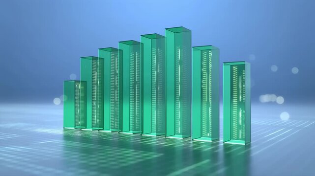 AI generated 4k video of transformative teal bar chart showing growth in studio lighting.