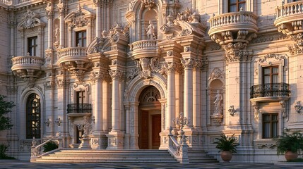Obraz premium Elaborate Ornate Facade of a Grand Classical Mansion with Detailed Sculptures and Balconies bathed in Golden Sunlight