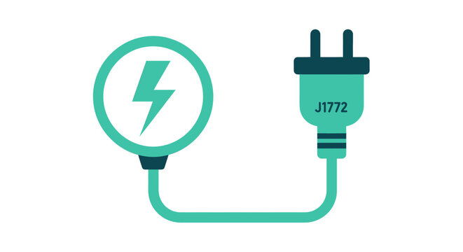 Green electric vehicle charging plug with J1772 standard connected to a power symbol.