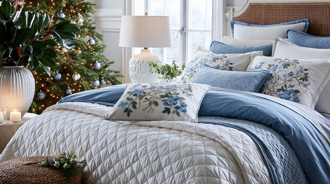 Cozy Blue and White Floral Bedding with Christmas Tree and Festive Decor