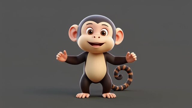 Cute cartoon monkey character dancing with joy in a studio setting with soft lighting and subtle motion
