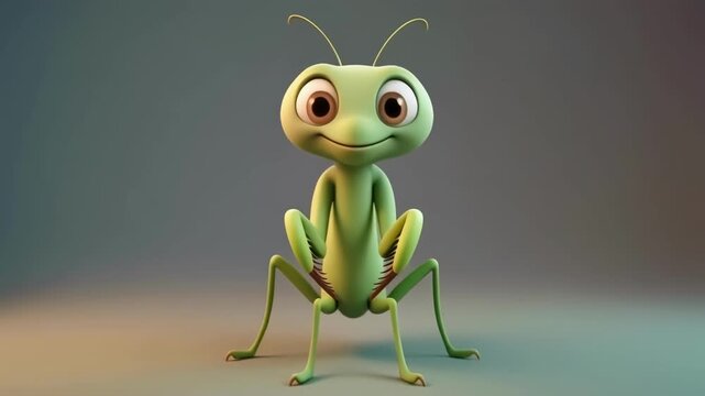 Cute cartoon praying mantis character sitting on a clean surface with gentle lighting and a shallow depth of field emphasizing its eyes