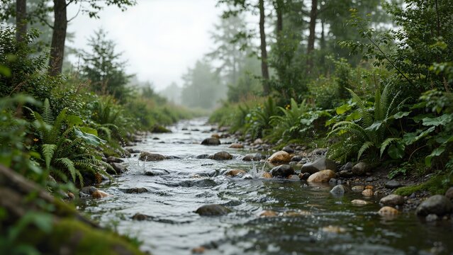 Peaceful Rainy Forest Creek Landscape