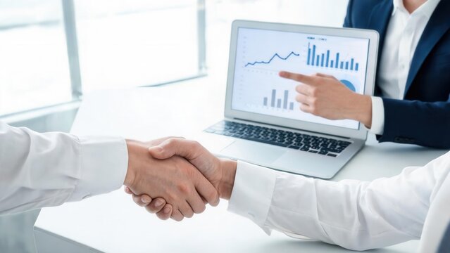 Business handshake with laptop charts